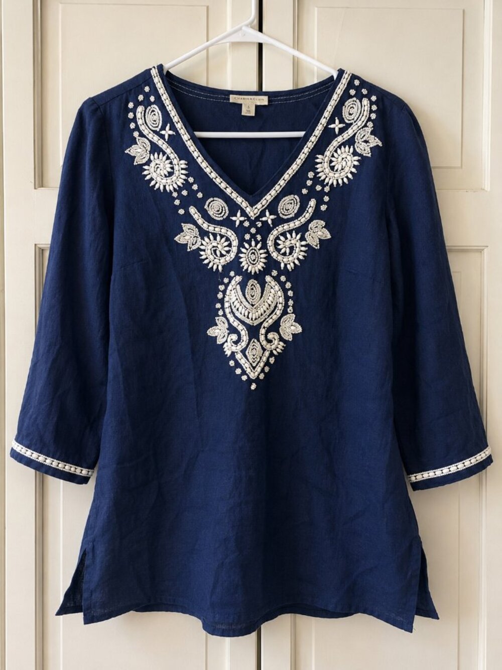 Charter Club Luxury Navy Linen Beaded Boho Tunic S